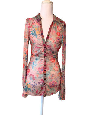 NWT Natural Life Floral Mesh Button Front Ruched Boho Top Medium